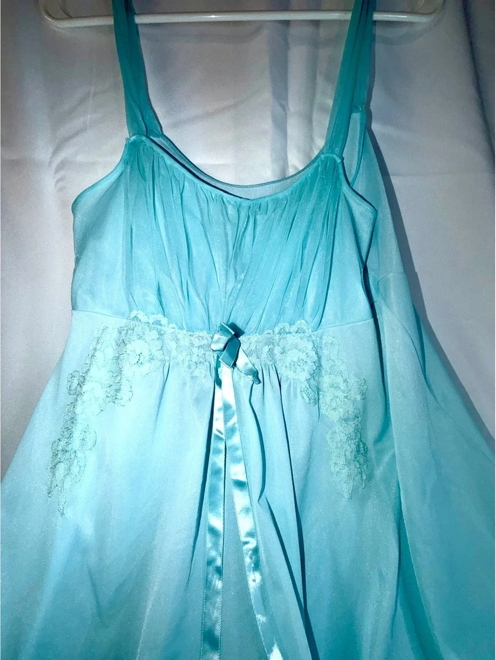 Vintage Van Raalte Light Blue Nylon Nightgown with Lace and Ribbon Detail